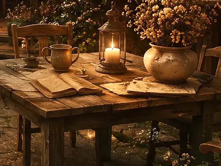 Uma mesa de madeira no jardim, com um livro aberto, uma vela acesa e um vaso de flores secas.