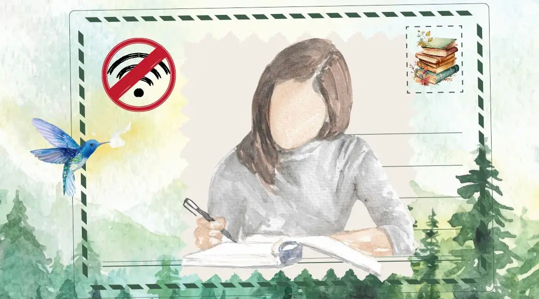 Cartão postal com uma moça. Tudo desenhado